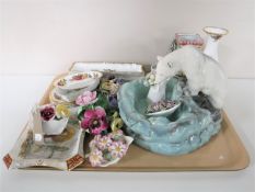 A tray containing china flower posies, Aynsley and Royal Albert pea dishes,