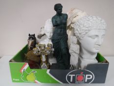A box containing ceramic busts, figure of Venus De Milo, a pottery shire horses head, Buddha head,