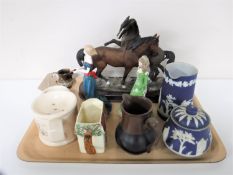 A tray of two Royal Worcester Gem stone figures, Wedgwood jasper ware, Leonardo Collection figure,