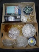 Two boxes of assorted 20th century glass ware, amber glass, Longchamp crystal stemmed glasses,
