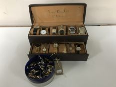 A Marcell Drucker collection watch box, containing twelve assorted ladies and gents watches, Timex,