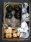 Three boxes containing cottage ware china, Ringtons ware, tea sets, Victorian glass,