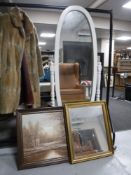 A white framed cheval mirror on stand,