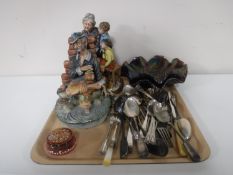 A tray containing two petrol glass dishes, a Victorian cranberry glass, hand painted box,