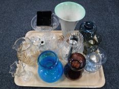 A tray of Clarice Cliff vase, crystal jugs,