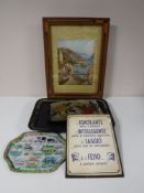 A metal tray of advertising frame and an oak framed screen