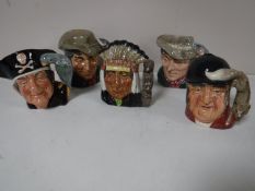 Five small Doulton character jugs; The Poacher X2, Long John Silver, Gone Away,