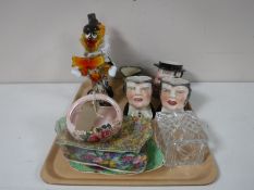 A tray containing Maling floral basket, Royal Winton Wild Flowers plate, character jugs,