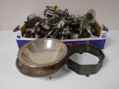 A box containing a large quantity of silver plated items, cutlery, dishes, bowls,