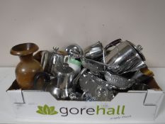 A box of kitchen ware, stainless steel, fire companion set, wooden vase,