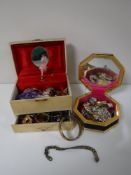 Two boxes containing costume jewellery, sterling silver bracelet,