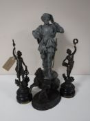 A pair of French spelter figures, together with two other spelter figures,