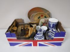 A box containing dressing table set, blue and white Ringtons ginger jar, vases,