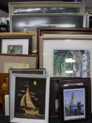 A large collection of pictures and prints, watercolour drawing of a stream,