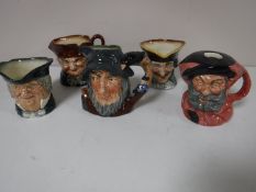 Five small Royal Doulton character jugs; Fallstaff, Old Charlie, Parson Brown,