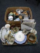 Two boxes of ornaments, Wedgwood pot, Susie Cooper plates, stone ware,