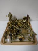 A tray of large brass key, brass boot ornament, brass figures,