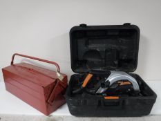 A concertina metal tool box together with hammer drill,