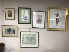 A selection of six pictures to include watercolour of Glasgow, illustrator book plate, world map,
