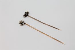 Two antique gold pins set with diamonds and pearls