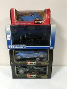 Three Burago classic cars together with a Universal Hobbies classic car,