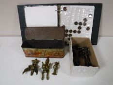 A box of vintage brass door knockers, commemorative medal, coin, tin,