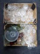 Two boxes of crystal, glass, coloured glass bowl, wine glasses,