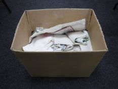 A box of various table linen, Irish linen,