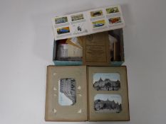 A box of postcard album, continental pictures, a vellum deed,