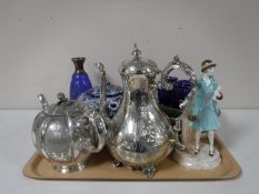 Four Cantonese plates together with Ringtons chintz teapot, silver plated teapot, hot water jug,