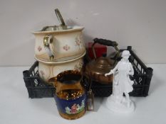A Victorian copper lustre jug together with copper kettle, two chamber pots,