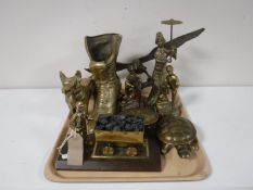 A tray of brass, boot ornament, dog figure, ash trays,