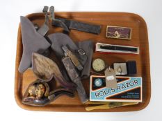 A tray of collectibles including Meerschaum pipe, folding pocket knife, cut throat razor,