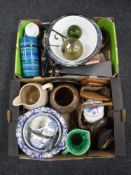 Two boxes of blue and white willow pattern china, glass witches ball, studio pottery vase,