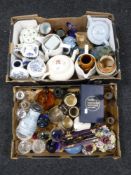 Two boxes of china, glassware,