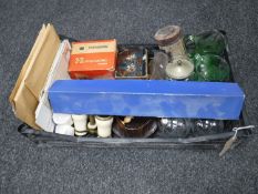 A crate of napkin rings, Solus scope, antique glass ware, binoculars, view master, postcards,