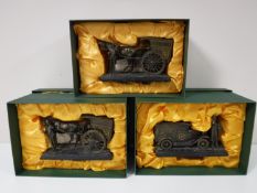 Two Ringtons limited edition horse and cart ornaments, together with a similar motor car ornament,