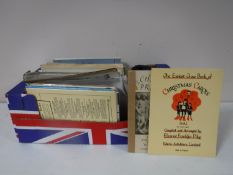 Three boxes containing Dickens books, sheet music, 78's,