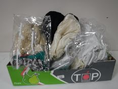 Two boxes containing vintage linens, fabric, lacework, muff,