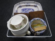 A box of Victorian blue and white plate, chamber pots,