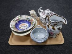 A 19th century commemorative teapot and milk jug, a Maling bowl,