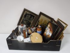 Two boxes of plates, decorative ornaments, china, prints,