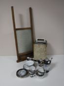 A box containing Japanese tea ware, decorative prints, old glass washboard,