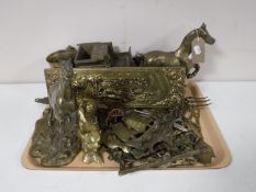 A tray of brass animal ornaments, brass ship ornament,