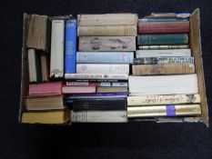 Three boxes of books, 'The Wonderful Story of the Sea', 'Book of the Household', 'world Atlas',