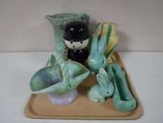 A tray of pottery rabbit ornaments, Wade water jug, china,
