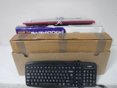 A box of various household electrical items, keyboard,