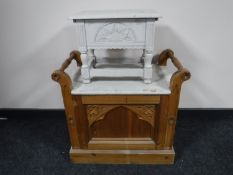 A carved pine Gothic style storage seat and a painted pine storage stool