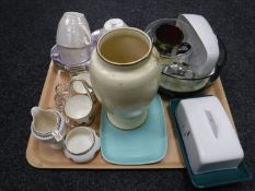 A tray of Maling sandwich cups and saucers, Minton pot, Denby butter dish,