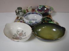 A tray of Maling china, bowls, dishes, candlestick,